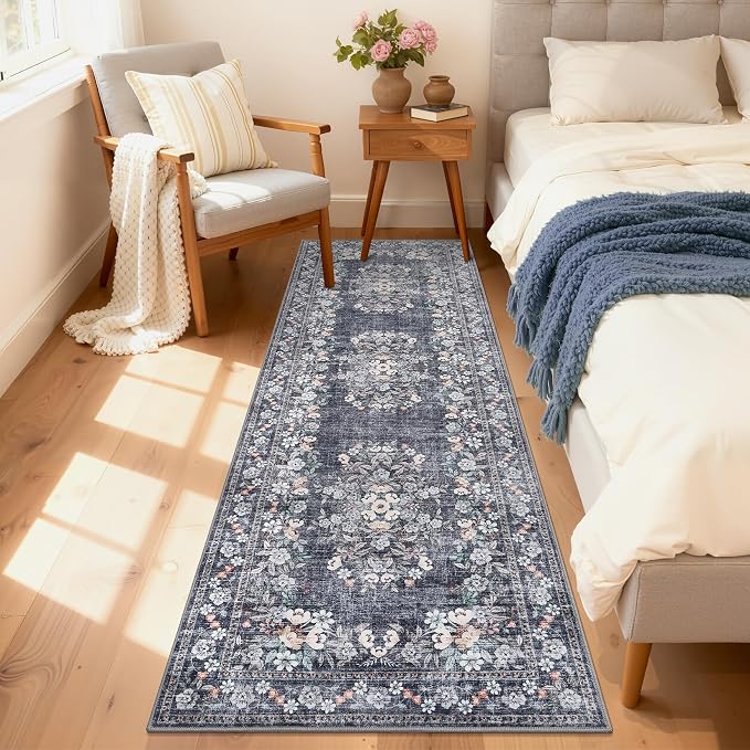 GarveeHome 2x10 Blue Runner Rug for Bath Distressed Leaf Flower Long Rug | Vintage Botanical Throw Floor Cover for Kitchen Low Pile Machine Washable Non-Slip Carpets Floral Rug for Entryway
