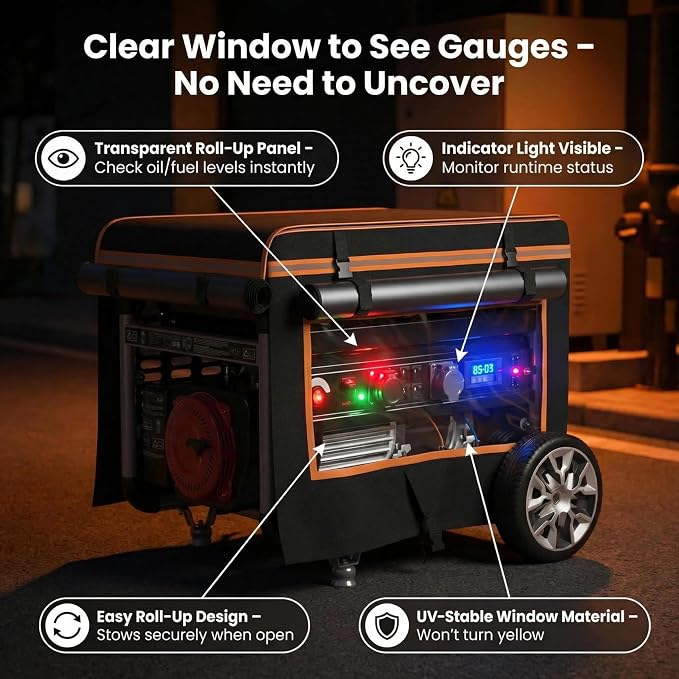 Generator Covers While Running, 28"L x 20"W x 20"H Heavy Duty Waterproof Generator Covers for Outside, Compatible with 3000W-5000W Generator, Clear Windows to See Gauges, Black