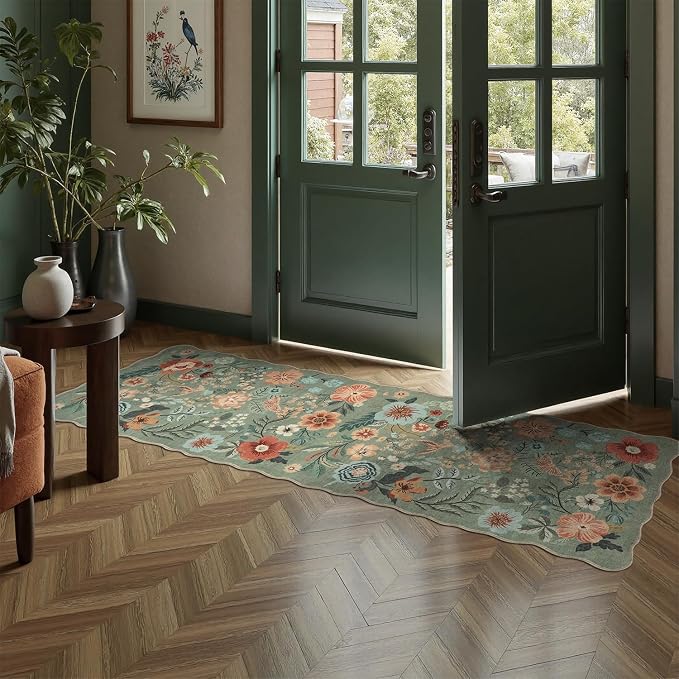 DCX Vintage Floral Washable Area Rug 2x6, Non Slip Low Pile Rug, Sage Green | Rugs for entryway, kitchen, dining room, office, soft, kid & pet friendly, sain resistant indoor carpet, home decor