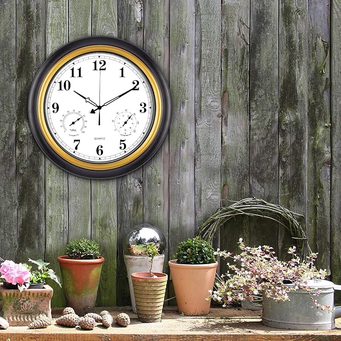 Outdoor Clock 18 Inch, Large Outdoor Clocks Waterproof Weatherproof with Thermometer & Hygrometer Combo, Easy-to-Read Outside Wall Clock for Patio, Garden, Poolside, Backyard, Seniors & Families