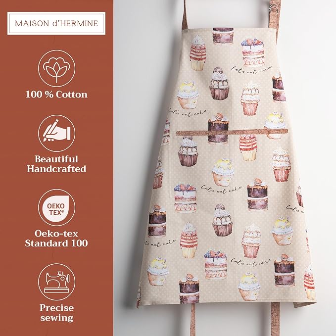 Maison d' Hermine Aprons for women with Pocket 100% Cotton (27.50"x31.50") | Adjustable Neck Strap & long ties Apron Men Chef Wedding Cooking Gardening Server Maid