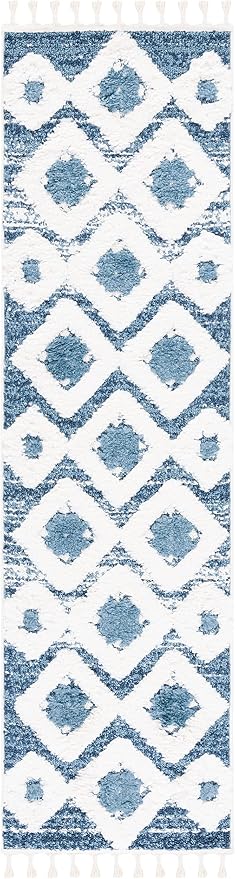 SAFAVIEH Moroccan Tassel Shag Collection Runner Rug - 2'3" x 8', Blue & Ivory, Boho Design, Non-Shedding & Easy Care, 2-inch Thick Ideal for High Traffic Areas in Living Room, Bedroom (MTS664M)