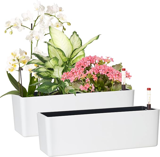 Elongated Self Watering Planter Pots 2-Pack Window Box 5.5 x 16 inch Indoor Home Garden Modern Decorative Planter Pot for All House Plants Flowers Herbs (White,2)