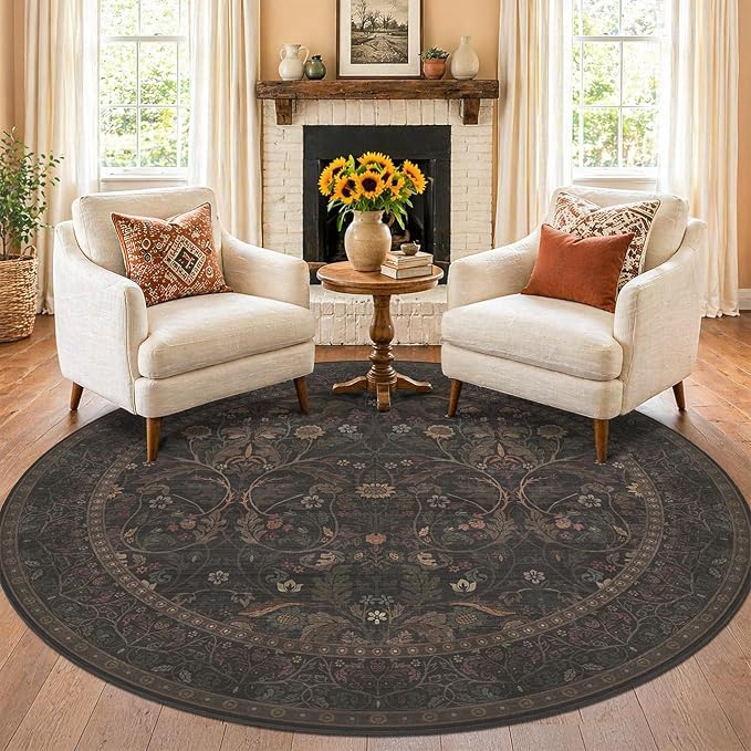 Washable 8ft Large Round Area Rug for Living Room, Black and Brown Moody Floral Circle Carpet, Cottagecore Aesthetic Floor Rug for Bedroom, Non-Slip Stain Resistant Carpet for Dining Room