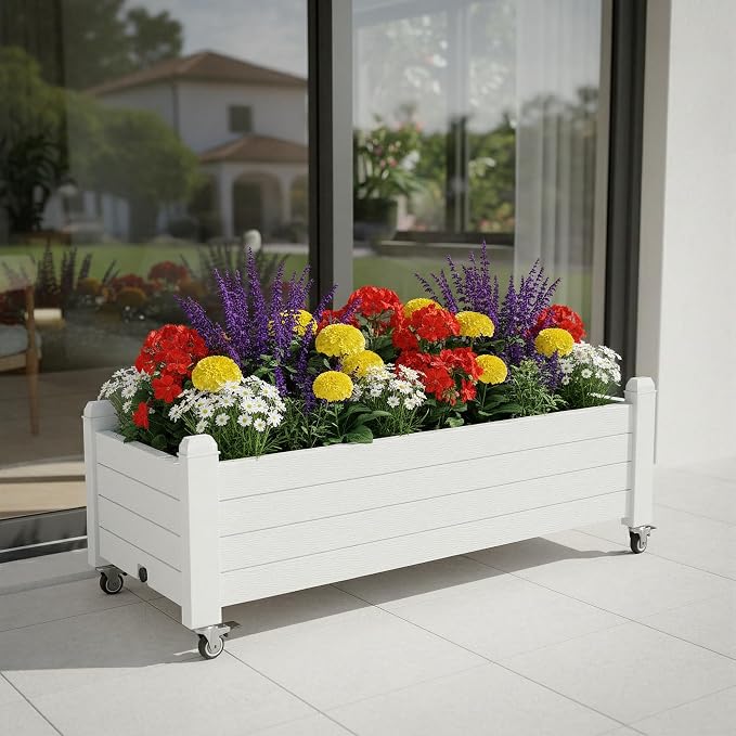 Raised Garden Bed with Wheels, Resin Planter Box with Drain Hole and Water Level Detector, Herb Planter for Garden Patio Backyard, Ashen(13.3" H)
