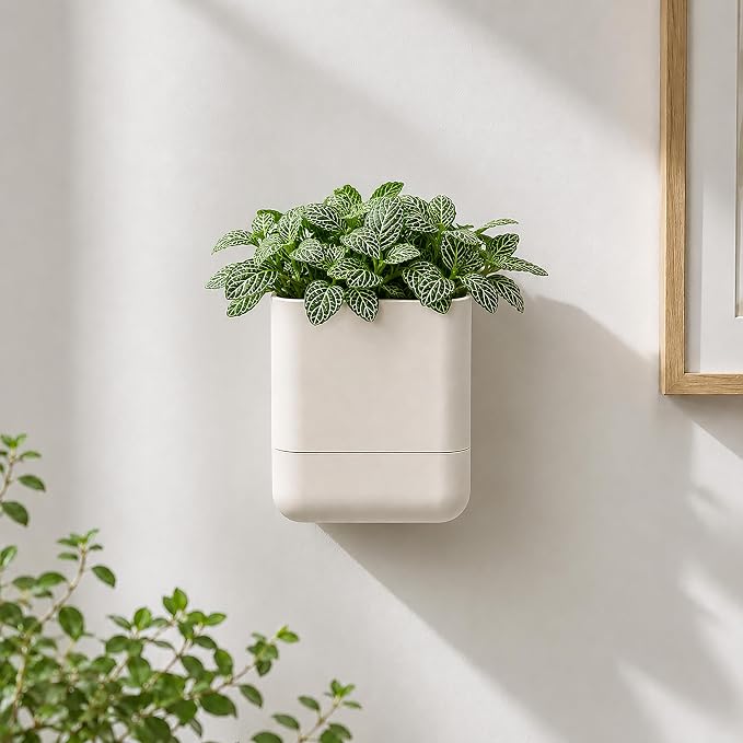 Phoenix Vine 3.5 Inch Wall Mounted Self-Watering Planter Pot for Indoor Houseplants and Herbs | Hanging Planter for Window Sills, Bathroom Walls, Home & Office Décor, Oatmeal, Set of 4, 01-A-G-4