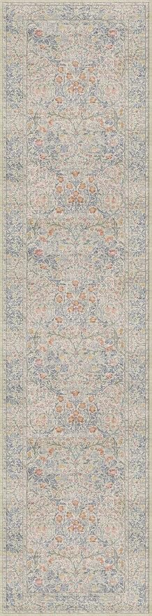 Vintage Beige Blue 3x12 Runner Rug for Hallway, Kitchen, Bathroom, Entryway Indoor, Washable Non Slip Rubber Backing Stain Resistant - Botanical Home Decor