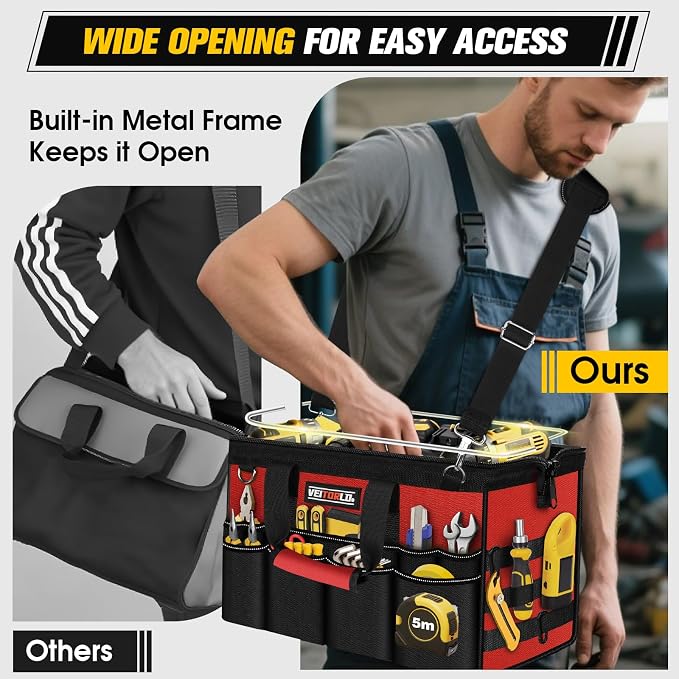 16-Inch Heavy Duty Tool Bag, 19-Pockets Tool Box Organizer, Portable Toolbag W/Soft Handle for Organized Storage, Mechanic Gifts for Men Dad Husband Fathers Day, Wide Mouth Electrician Toolbox, Red