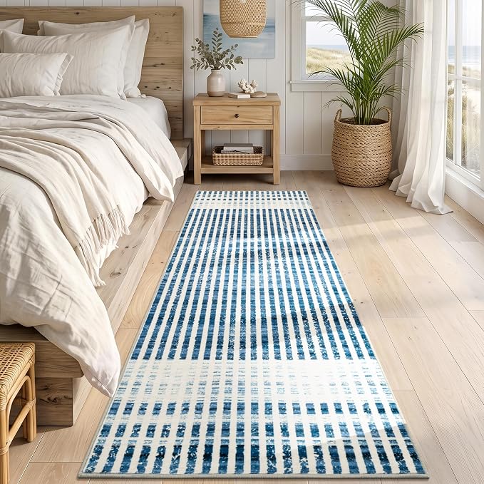 Washable 2x6 Modern Striped Area Rug, Abstract Runner for Hallway,Kitchen | Beige Blue, Soft Low Pile, Skin Friendly, Non-Slip for High Traffic, Laundry Vintage Coastal Nautical Style Home Decor