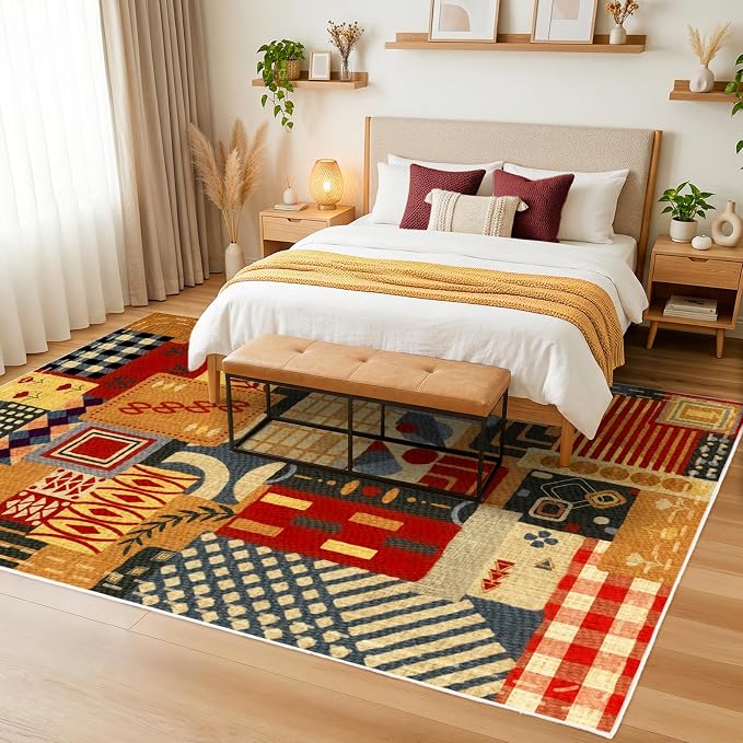 Washable 4x6 Patchwork Area Rug, Boho Tribal Geometric Colorful Rug | Non-Slip Low Pile Indoor Carpet| Vintage Rustic Rug for Dining Room Bedroom Office Entryway Decor| Southwestern Rustic Rug