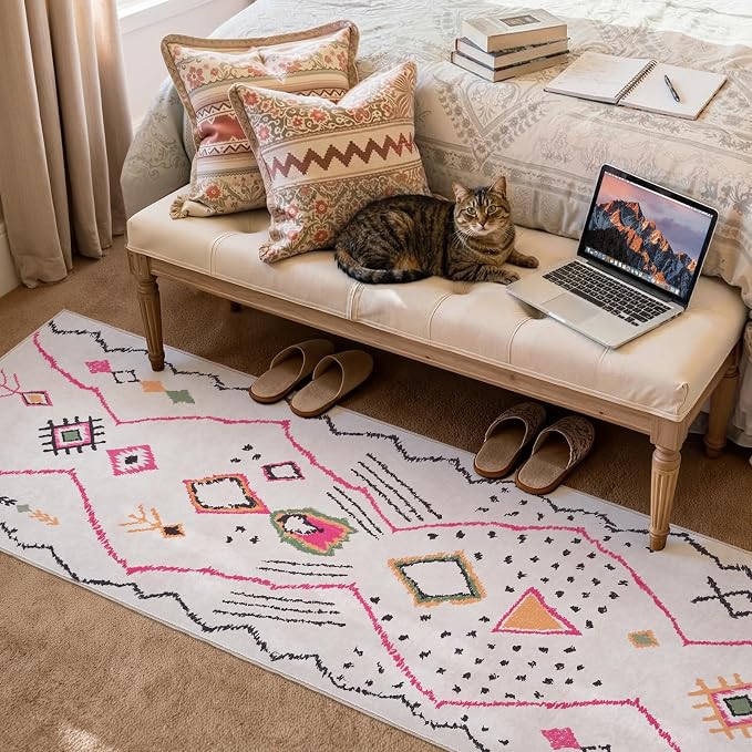 jinchan 2x6 Runner Rug Hot Nerd Boho Geometric Washable Hallway Rug, Beige | Tribal Inspired, Irregular Lines, Diamond Accents, Washable, Soft Touch, Non-Slip, Low Pile, Entryway, Kitchen, Bedroom