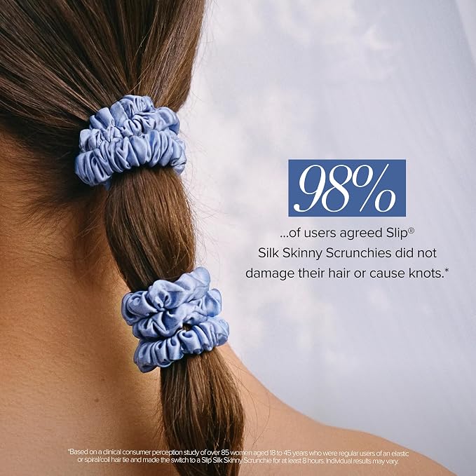 Slip Silk Hair Ties — Skinny Silk Cornflower Scrunchies, No Damage, No Crease, Anti-Breakage |100% Mulberry Silk | All Hair Types | Made with Proprietary Slipsilk™ | Set of 4