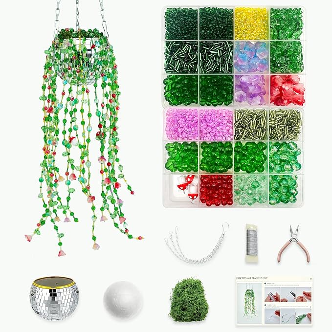 Green Glass Beaded Plant Kit Boho Crystal Suncatcher with Disco Ball Planter DIY Lily of the Valley Premium Glass Flower & Leaf Beads Craft Set for Adults Everlasting Botanical Window Decor Gift