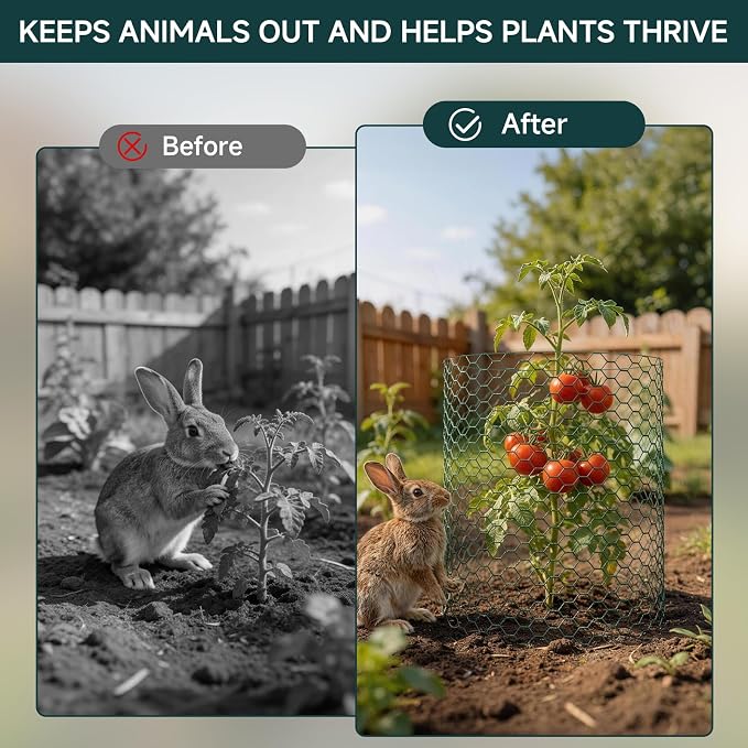 16In x 49.2Ft Plant Protectors from Animals, Wire Plant Cages for Outdoor Plants Chicken Wire Garden Protection from Animals Plant Fence Protectors to Keep Animals Out with Ground Stakes & Nylon Ties