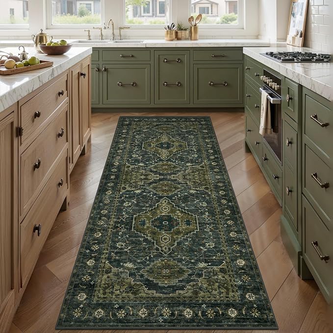 Tangsoo 2x6 Green Washable Runner Rug for Hallways, Non Slip Runner Rug | Vintage Soft Low Pile Long Rug Runner, Oriental Boho Print Carpet Runners for Kitchen Entryway Bedroom Bathroom Olive Green