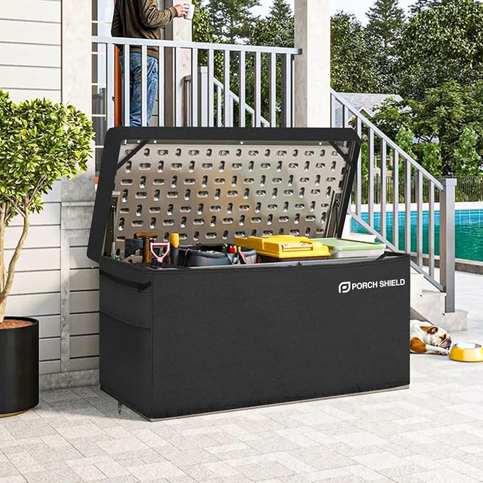 Porch Shield Patio Deck Box Storage Cover - 600D Outdoor Waterproof Tear Resistant Rectangular Fire Pit Table Covers 62 x 29 x 28 inches（Top Zipper, Black）
