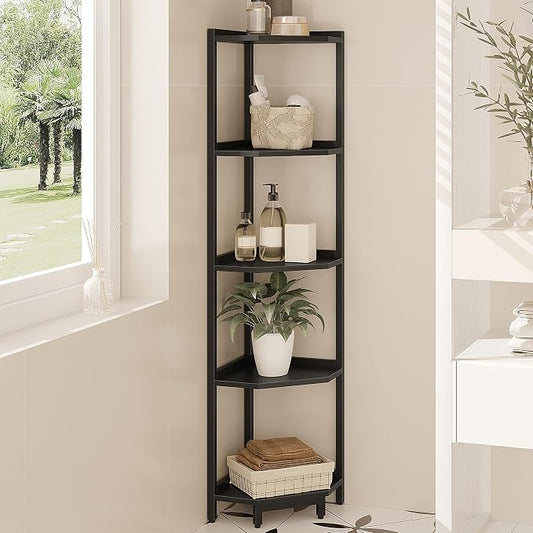 Hzuaneri Corner Shelf Stand, Corner Bookshelf, Storage Standing Shelf Unit with Metal Frame, Plant Stand, Bookcase for Living Room, Home Office, Bedroom, 5-Tier Black CS05906B