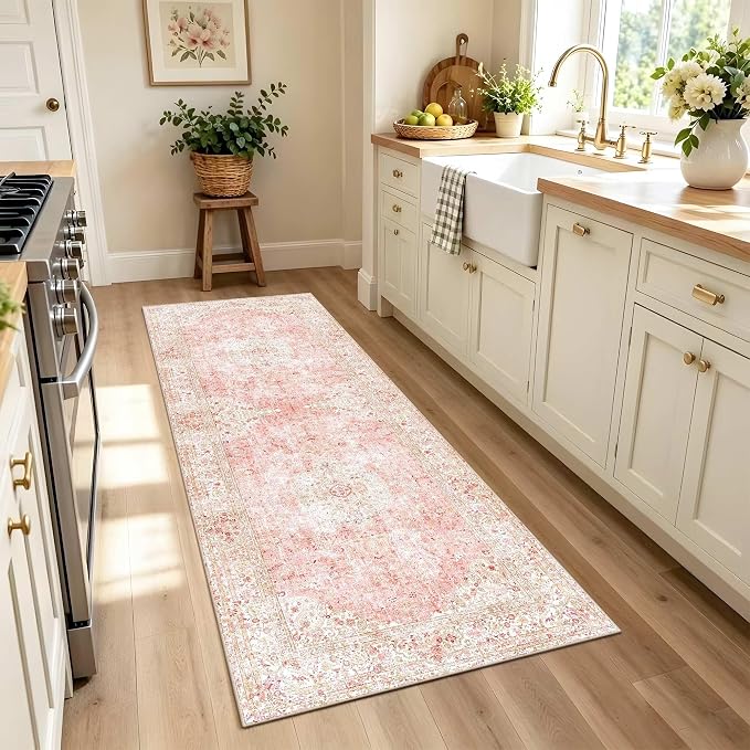 Latte&Fog Washable Hallway Runner Rug 2x6 Non Slip Pink Rugs for Kitchen | Low Pile Soft Cute Throw Rug Doormat for Entrance Bathroom Laundry Bedside Bedroom Nursery Playroom Hallyway Dorm Office