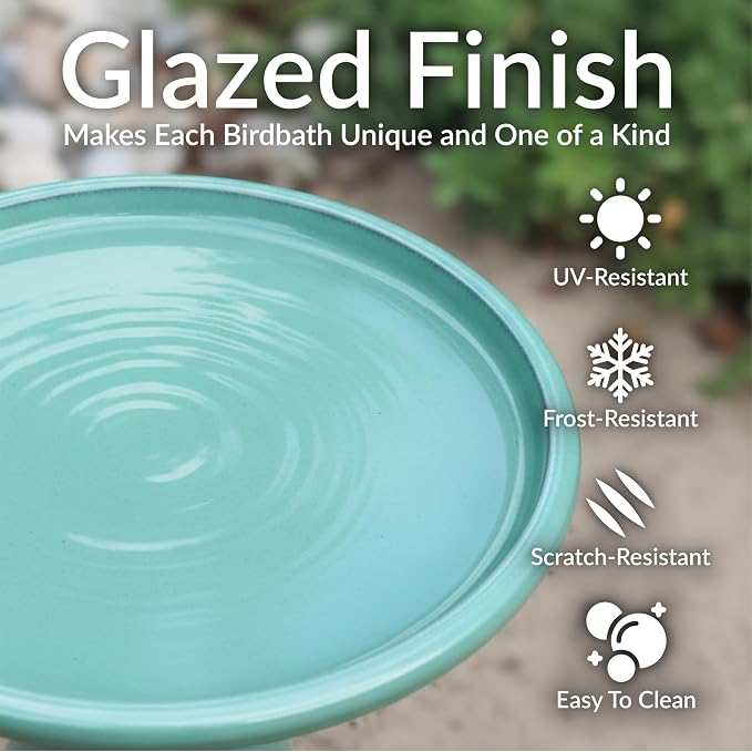 Sunnydaze 21" H Ceramic Bird Bath for Outside - Hand-Painted Outdoor Bird Bath Bowl, UV/Frost-Resistant Finish - Seafoam