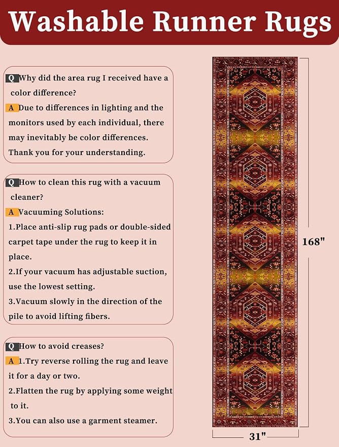 SERISSA 2'6"x14' Washable Non Slip Boho Runner Rug for Hallway | Ultra Soft Vintage Oriental Carpet Low-Pile Rustic Red Gold Floor Carpet for Kitchen Bedroom Entryway Bathroom Laundry Room
