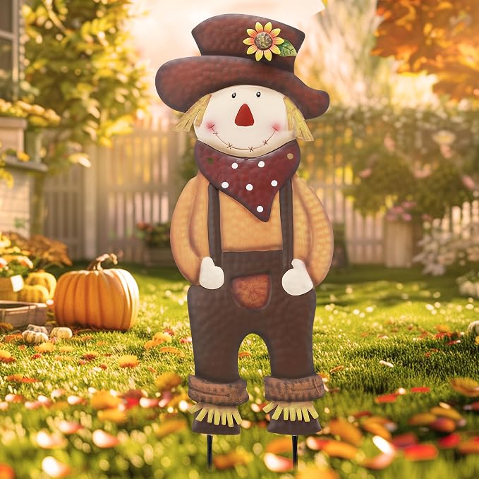 TERESA'S COLLECTIONS Fall Decor for Outdoor Home, Scarecrow for Garden Metal Stakes for Fall Decorations, Autumn Decor for Thanksgiving Decorations, Brown Harvest Yard Signs for Home Lawn Patio, 24"