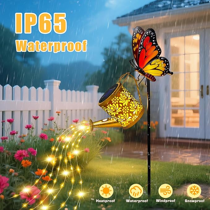 Solar Lights Garden Decor, Waterproof Solar Watering Can with Butterfly Garden Stakes, Outdoor Light with Cascading Lights for Outside Patio Lawn Porch, Birthday Gift for Women Mothers Day