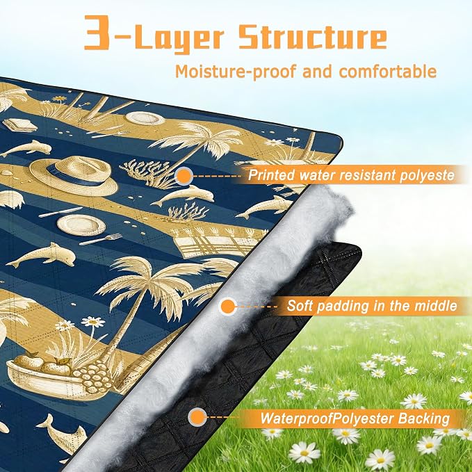 79" x 118" Picnic Blanket Extra Large,Waterproof Sandproof Foldable Outdoor Blanket Beach Blanket Ocean Picnic Mat for Camping,Lawn,Park(Coconut Tree)