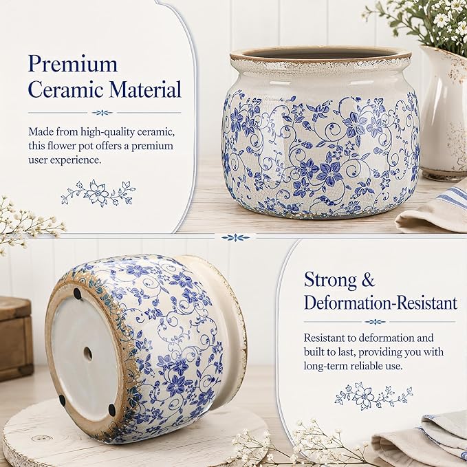 7.7" Large Vintage Ceramic Plant Pot Blue White Country Crackle Glaze Pot Rustic Morning Glory Flowers Planter with Drainage for Indoor Outdoor Plants Kitchen Office Home Decor Gift