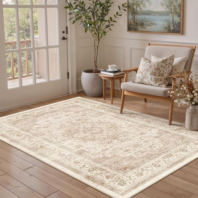 4x5 Beige Washable Area Rug Non Slip Vintage Carpet | Low Pile, Stain Resistant, Living Room, Kitchen, Bedroom, Nursery, Office, Dining Room, Hallway, Soft, Thin, Lightweight