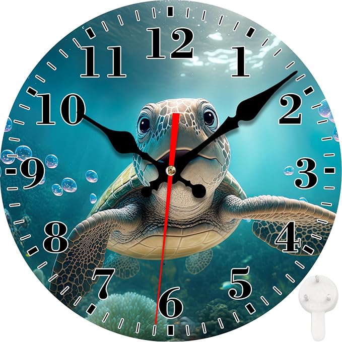 Wall Clocks Battery Operated, Cute Sea Turtle Silent Non Ticking Decorative Indoor Outdoor Wall Clocks for Living Room Kitchen Bedroom Bathroom 12"