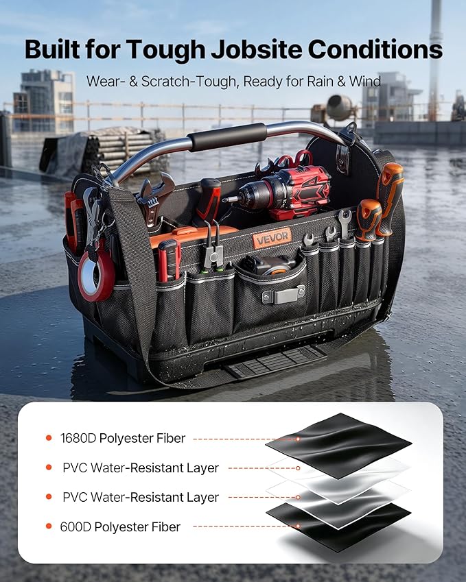 VEVOR Tool Bag, 16.1 Inch, 33-Pocket Open Top Tool Tote, Portable Electrical Maintenance Toolbox Organizer Storage with Hard Plastic Base, Adjustable Shoulder Strap, for Professionals DIY & Jobsite