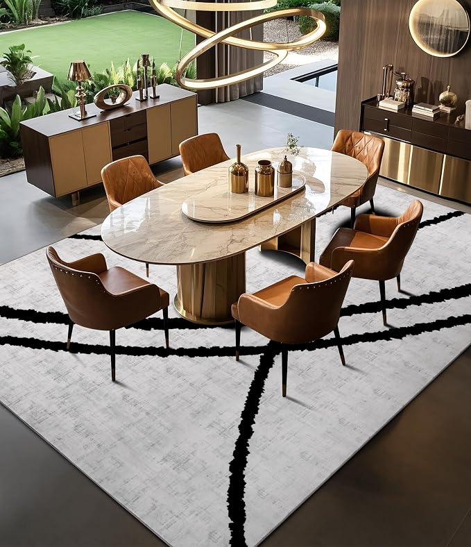 Modern Area Rugs 6x9, Washable Black and White Rug, Thin Abstract Geometric Minimalist Striped Rug, Black Rugs for Living Room,Bedroom,Kitchen,Dining Room,Office
