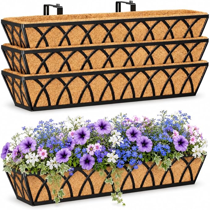 Y&M 4 Pcs 30'' Deck Railing Planters Outdoor Balcony, Large Metal Window Box Deck Railing Planter with Coco Liner for Outdoor Balcony Porch Fence Patio Rail