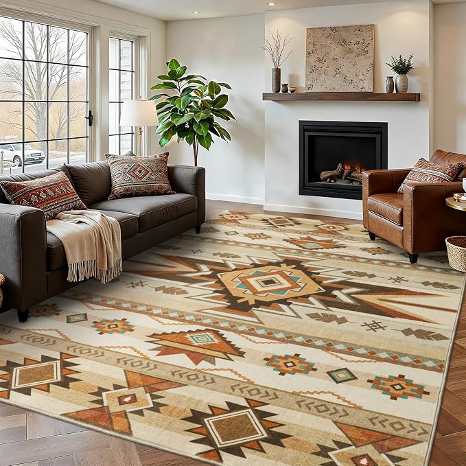 8x10 Western Rustic Aztec Area Rug for Living Room Bedroom Dining Room | Southwestern Tribal Beige Low Pile Faux Wool Rug, Machine Washable Non-Slip Large Carpet for Living Room Dining Bedroom