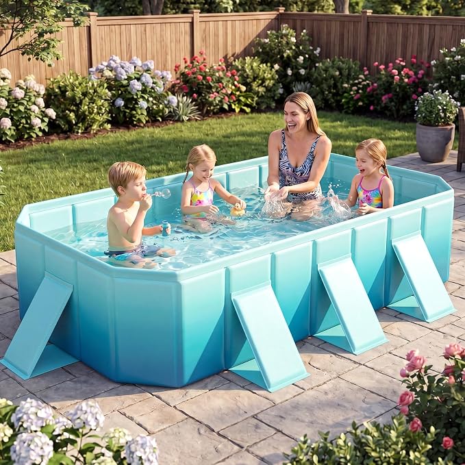 Goplus Foldable Non-Inflatable Swimming Pool, Portable Rectangle Around Ground Pool with 24 Hard Shell, Drain Hose, Outdoor Collapsible Kiddie Pool for Backyard Garden (Mint Green,99x52 in)