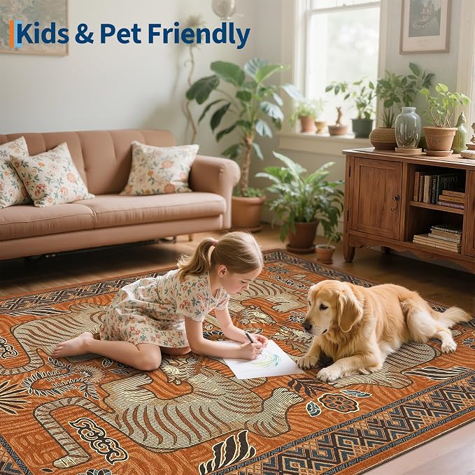 GarveeHome Tiger Round Area Rugs Boho Bedroom Non Slip Washable Vintage | 4ft Orange Animal Print Bedroom Circle Rugs,Tribal Floor Carpet for Dining Room Entryway Nursery Playroom Office