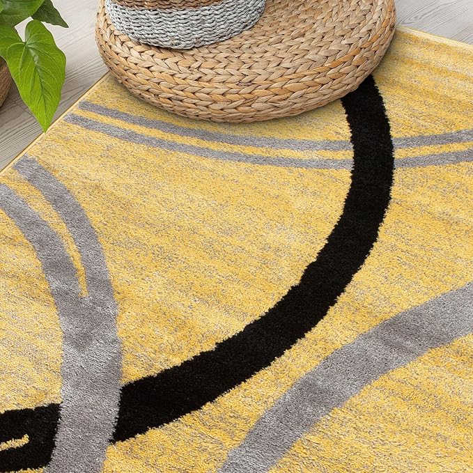 Rugshop Wavy Circles Non-Shedding Living Room Area Rug Yellow 3'3" x 5' | Rectangular, Size 3'3" x 5', Bedroom, Dining Room, Home Office, Kitchen, Entryway, Hallway, Nursery, Kids Room, Guest Room