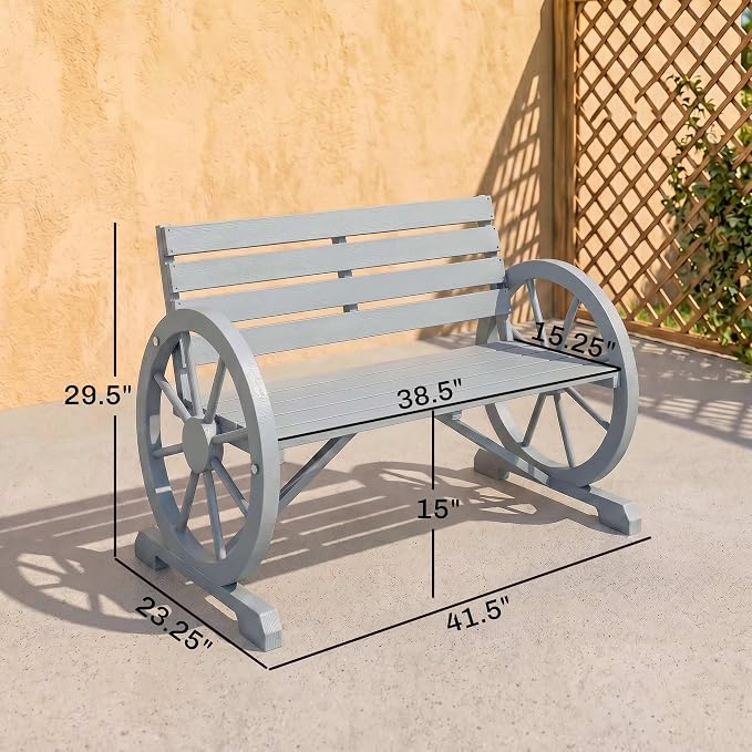 Outsunny 41" Wooden Wagon Wheel Bench, Rustic Outdoor Patio Weather Resistance Furniture, 2-Person Slatted Seat with Backrest, Light Gray