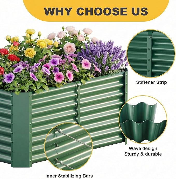 AHEONLAR 2 Pack 4×2×2ft Galvanized Raised Garden Beds, Rectangle Durable Planter Boxes Outdoor for Vegetables, Fruits, Flowers and Plants, Quick Assembly, Green