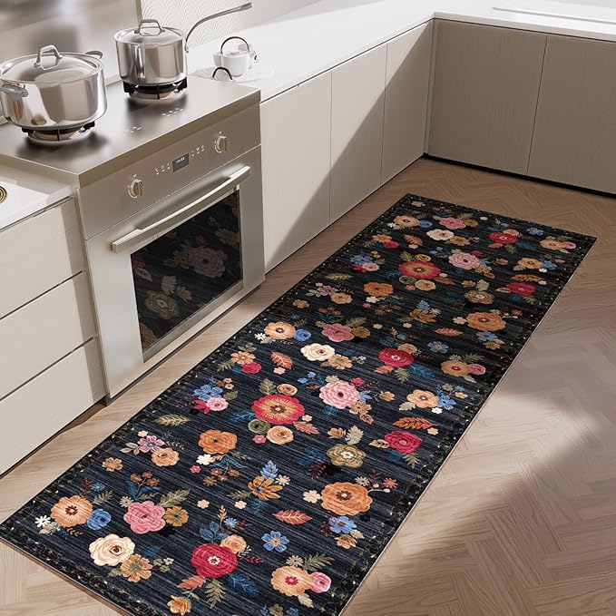 Machine Washable Runner Rug for Kitchen: 2'x6' Hallway Runner Rug Non Slip Low Pile Soft Faux Wool Carpet Runners Floral Floor Rug for Bedroom Entryway Bedroom Bathroom Laundry Room Home Office Indoor