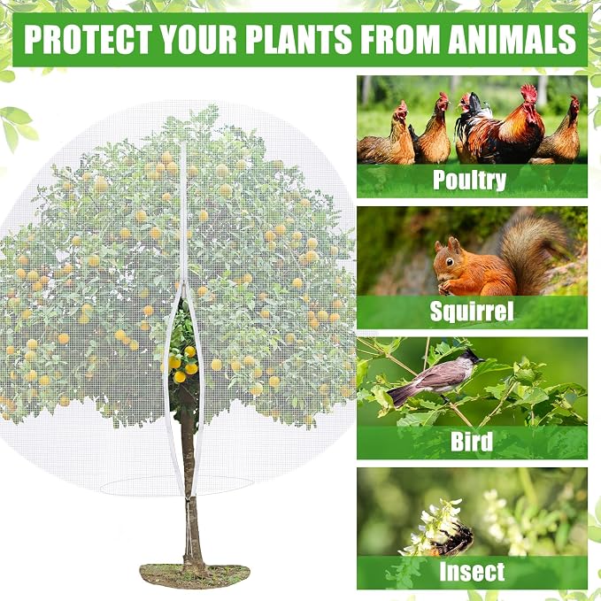 2 Pcs 12 x 12 ft Large Fruit Tree Netting for Protecting Fruit from Squirrels Birds Bug Deer & Rat Garden Mesh Netting with Zipper and Drawstring for Blueberry Peach Apple Garden Bushes
