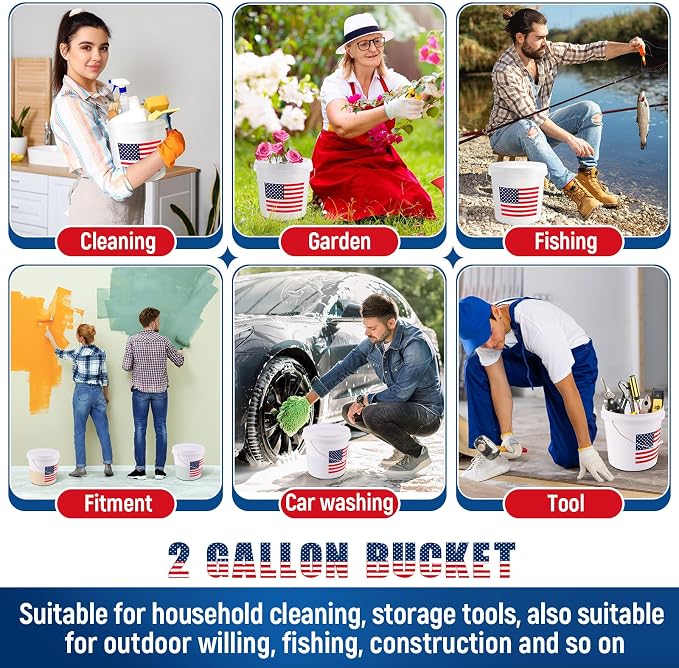 Threehoney 4 Pcs 2 Gallon Plastic Bucket with Lid and Handle, Large White Heavy Duty Bucket with American Flag for Home Gardening Tools Household Cleaning Baseballs Storage Container