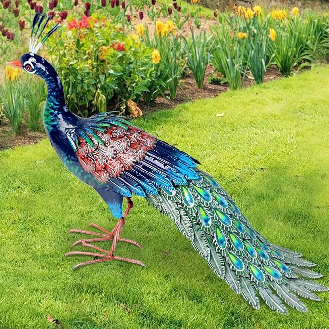 Kircust Outdoor Metal Peacock Statue, 24" L | Decor Art, Garden Sculpture, Weatherproof, Handcrafted For Patio, Yard, Home