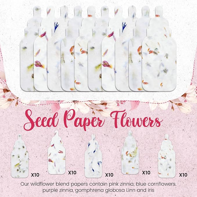 Dunzoom 50 Pcs Handmade Seed Paper Plantable Wildflower Seed Paper Recycled Flower Petals Tags Wedding Favors for Guests Craft Gifts Cards for Envelope Birthday Party, 5 Styles (Bottle)