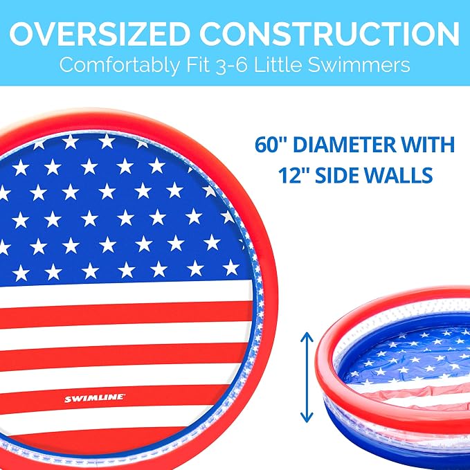 SWIMLINE | Backyard Water Toy | 60" | 3-Ring Kiddie Pool | Americana | Use it indoors or out as a wading pool, ball pit, or sand pit; 60 x 12 in; red, white, and blue print