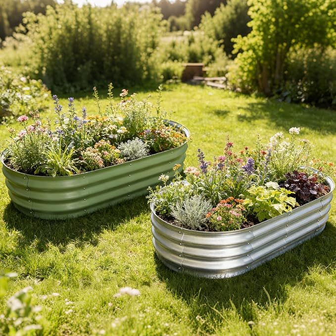 Galvanized Raised Garden Bed Kit, Planter Garden Boxes Outdoor, Oval Large Metal for Vegetables Fruits, Flowers Planter Boxes, Easy Assembly Garden Bed Kit (Silver, 4×2×1FT (2-Pack)