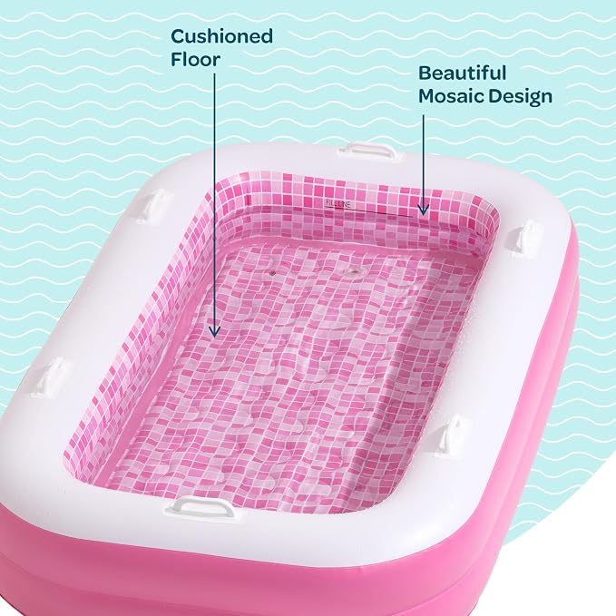 3-in-1 Premium Inflatable Kiddie Pool, Ball Pit & Tanning Pool, Soft Cushioned Floor, Handles, Drain, Shallow Rectangular Blow Up Swimming Pool for Kids, Small Backyard Tanning Pool - 65"x39"x10"