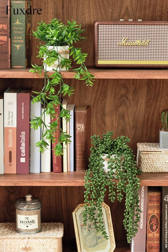 Fake Hanging Plants, 2pcs Artificial Potted Greenery Faux Eucalyptus Vine Fern and String of Pearls in Pot for Home Room Wall Shelf Patio Garden Indoor Outdoor Decor