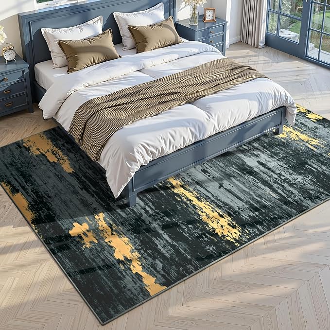 Toneed Washable 5x7 Area Rug with Non-Slip Backing for Living Room | Abstract Modern Rugs, Soft Low Pile Carpet for Bedroom Kitchen Dining Room Nursery Indoor Floor Office Home Decor, Black Gold