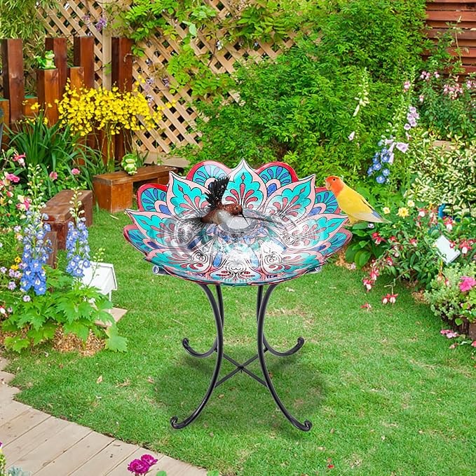 MUMTOP Bird Baths for Outdoors, Glass Large Solar Bird Bath Bowl with Metal Stand, Kaleidoscope Bird Feeders for Outside and Garden, Patio,Lawn Decor (Flower Edge)